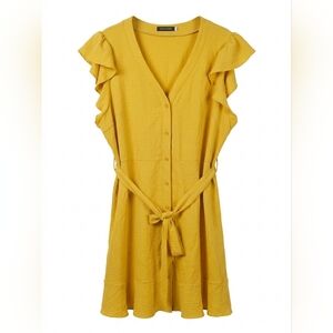Ruffled Sleeve Mustard Yellow Button-Front Midi Dress with Tie Belt